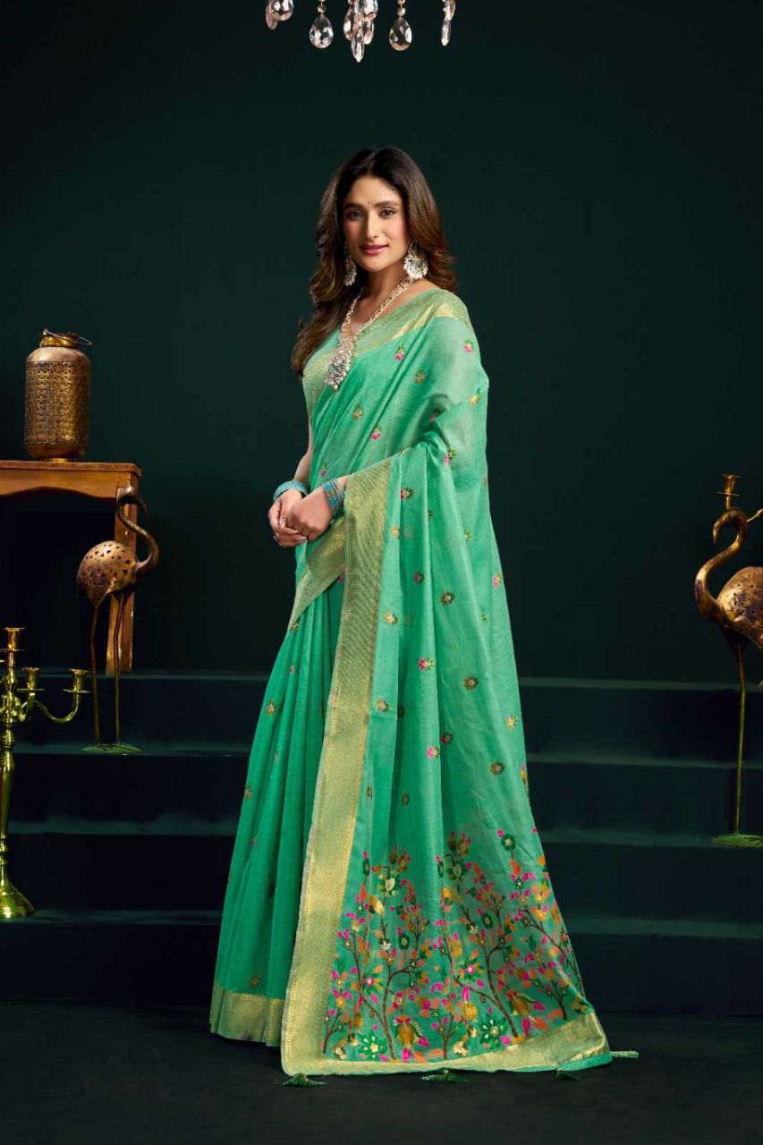 Heavy Munga Cotton Saree with Mina Work, Jari Border & Fancy Pompom Finish