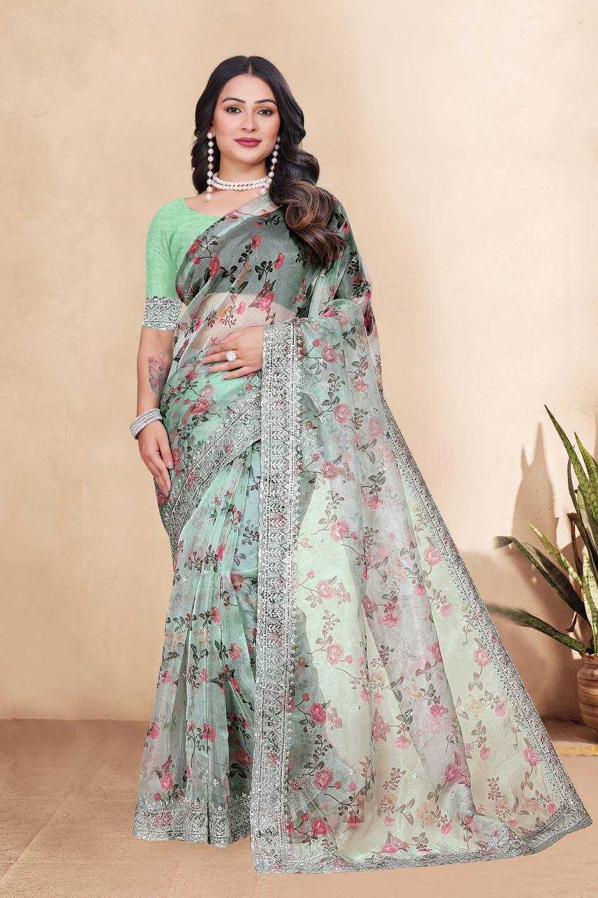 Tissue Organza Saree with Digital Floral Print & Embroidery Work
