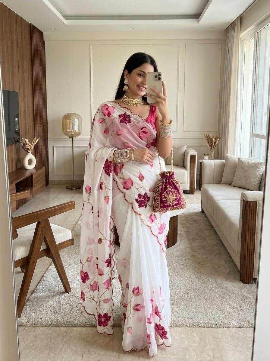 Georgette Digital Print Saree with Handwork Khatli & Cutdana Border