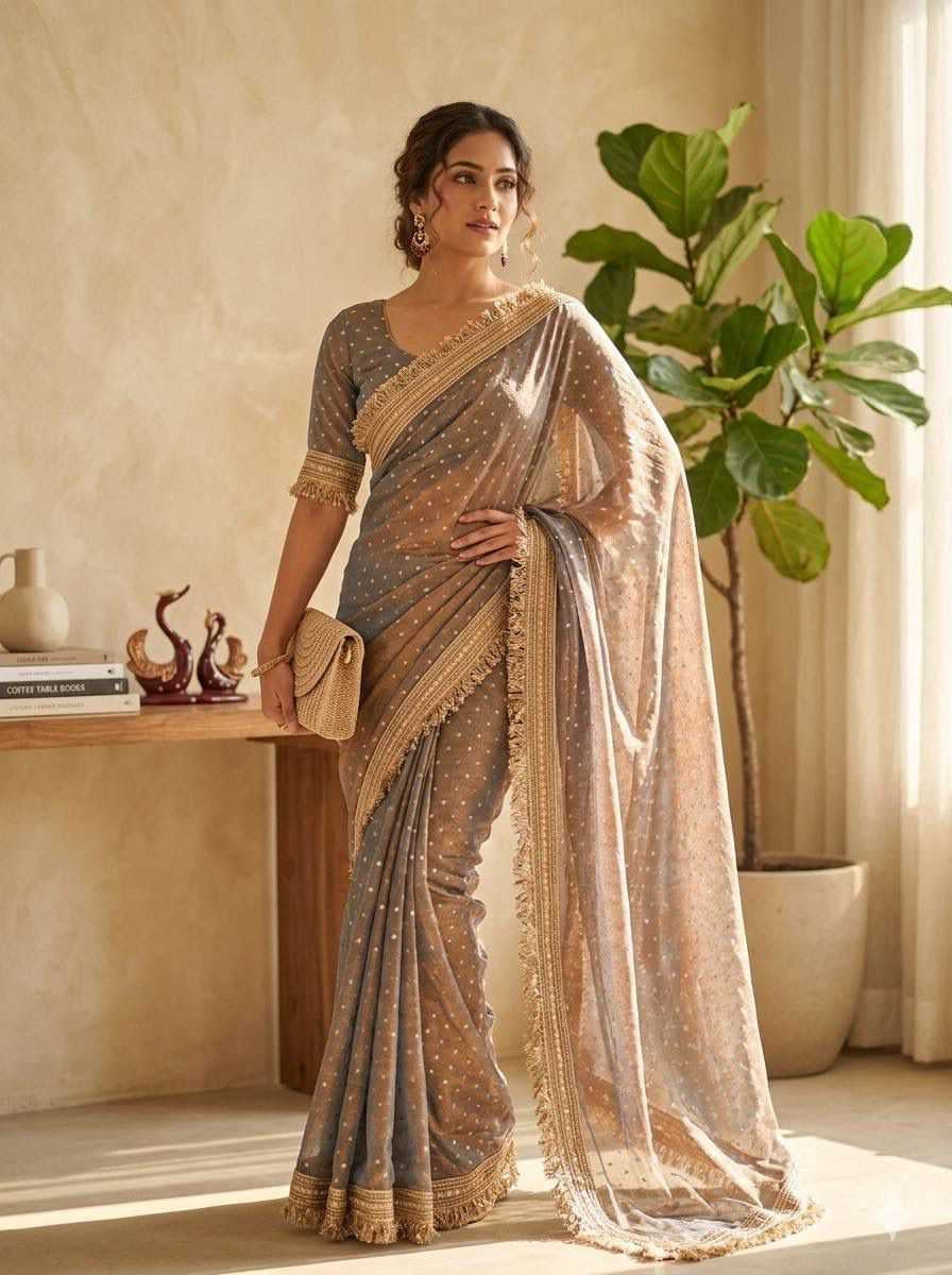 Premium Moss Silk Saree with Jacquard Butti Work & Fancy Lace Border
