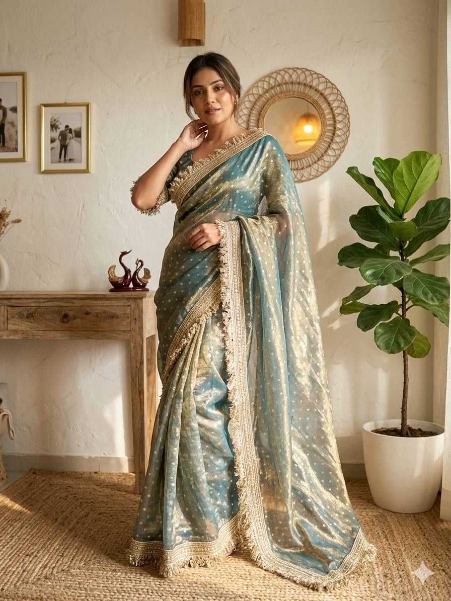 Premium Moss Silk Saree with Jacquard Butti Work & Fancy Lace Border