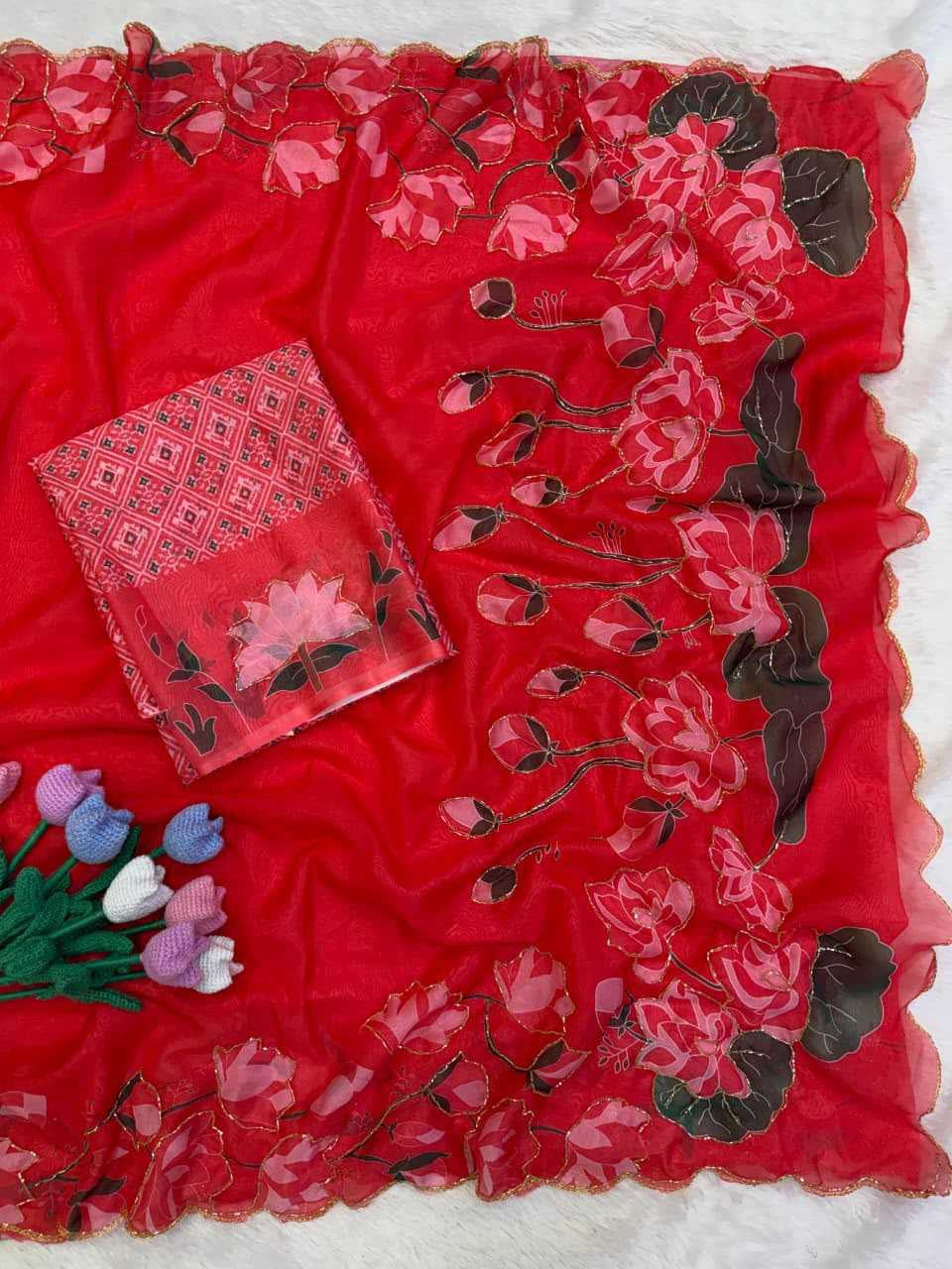 Premium Tabby Silk Saree with Floral Print, Beads & Katdana Handwork