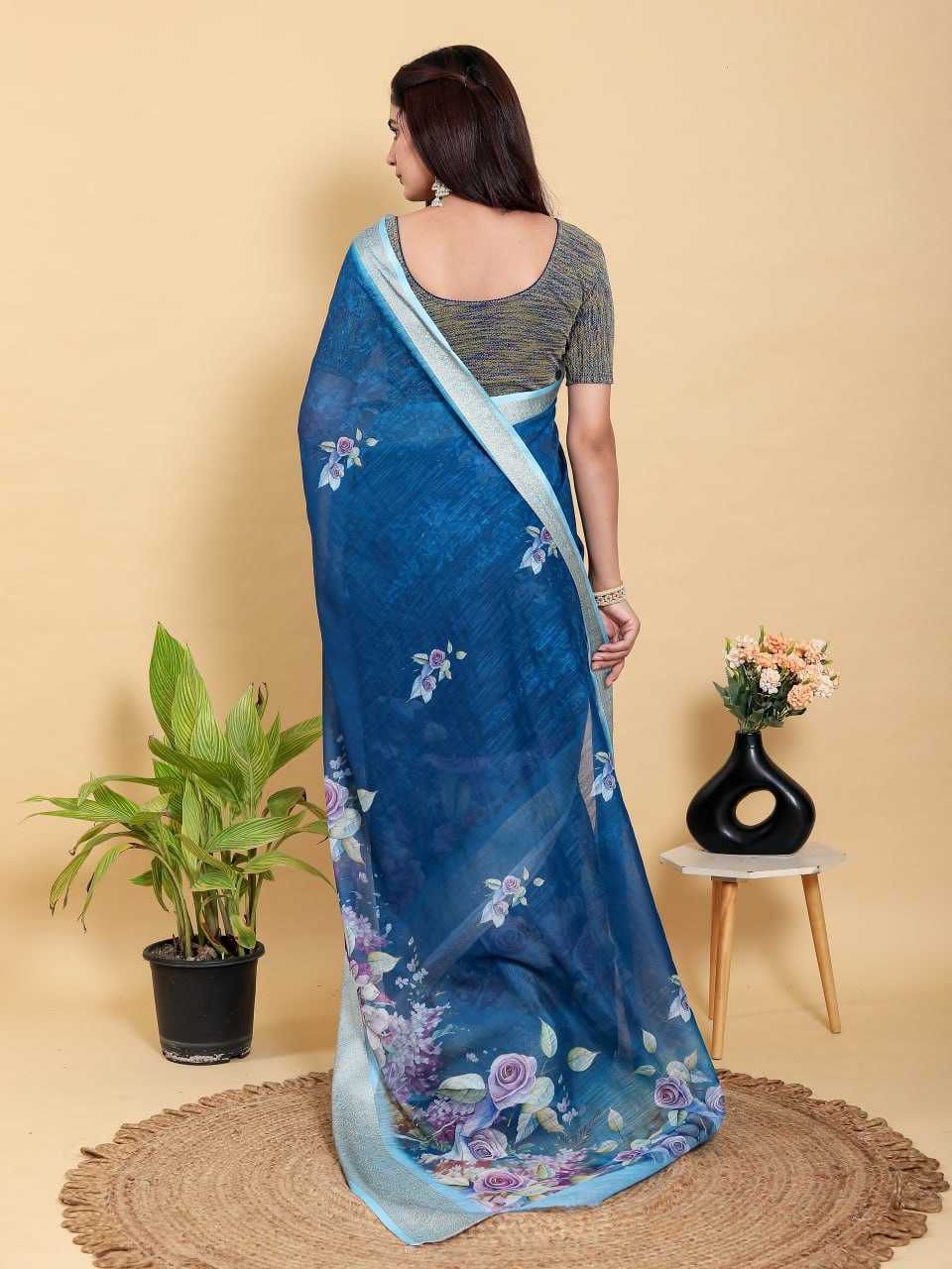 Floral Digital Print Jacquard Patta Linen Cotton Saree with Designer Blouse