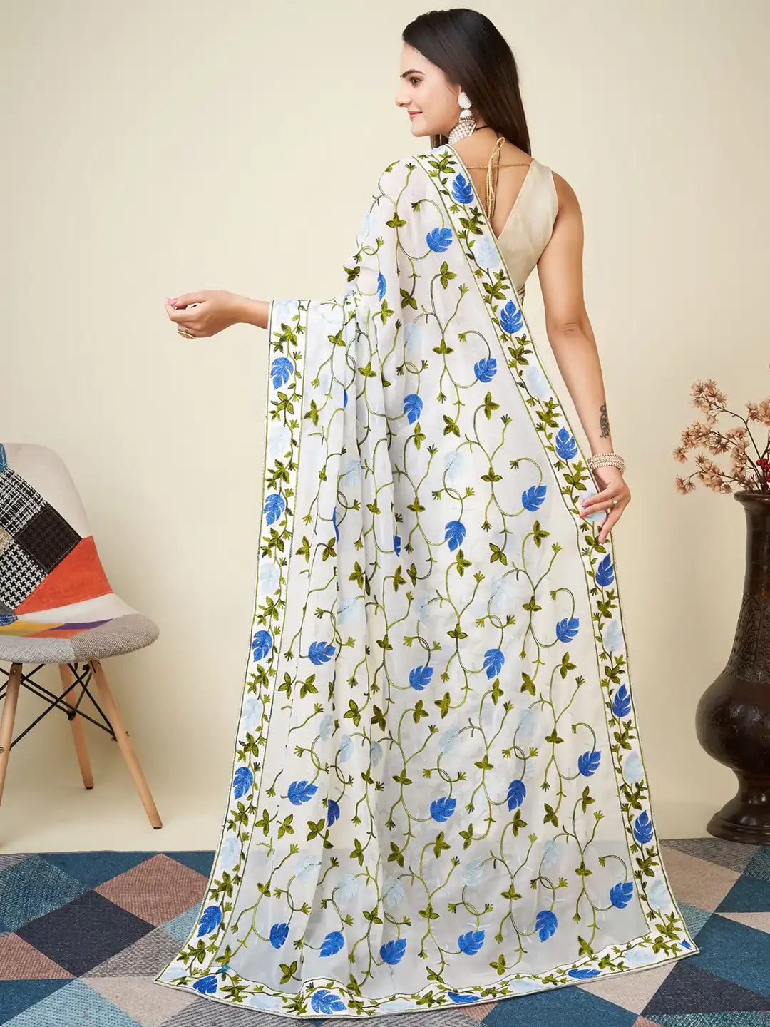 Premium Faux Georgette Saree with Kashmiri Work & Piping Border