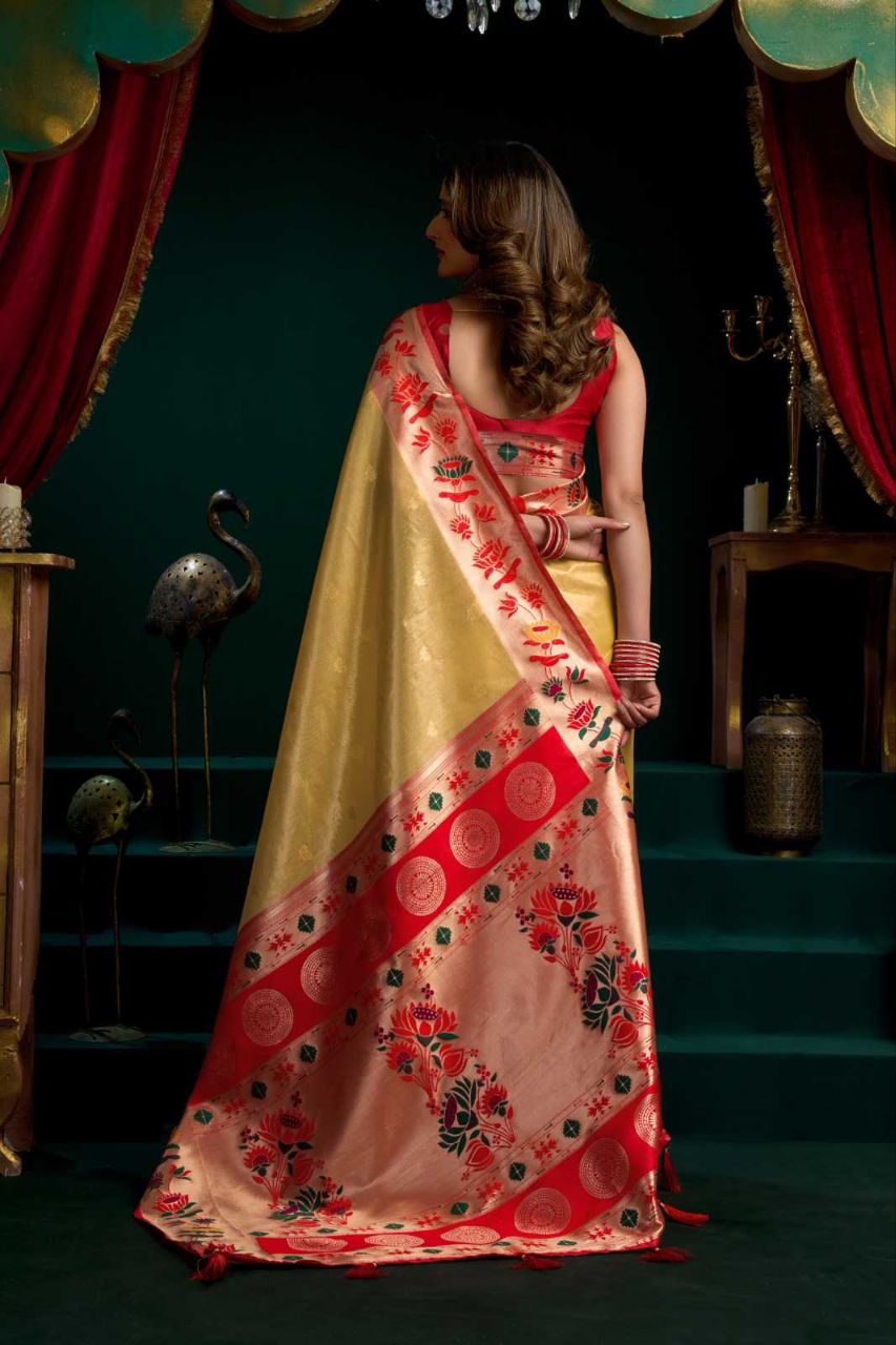 Heavy Tissue Paithani Saree with Lotus Zari Border & Stylish Pompom Detailing