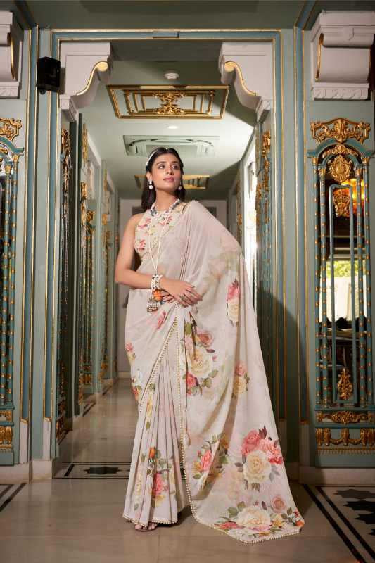Georgette Printed Saree with Pearl Lace Border & Matching Blouse