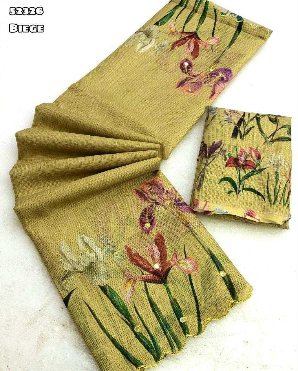 Soft Kota Checks Saree with Floral Digital Print, Foil Mirror Embroidery & Scalloped Cutwork Border