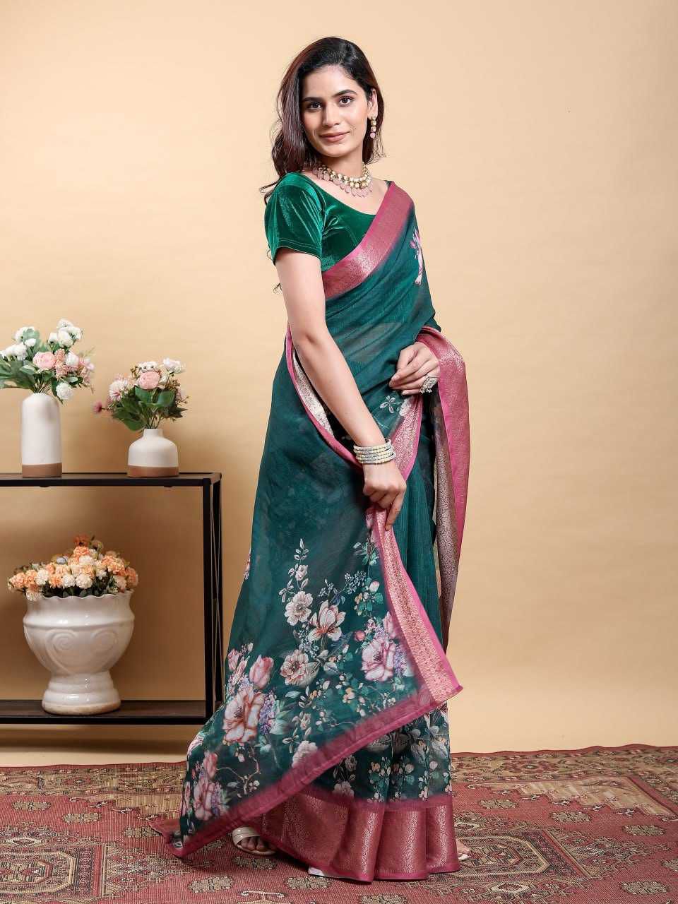 Jacquard Patta Linen Cotton Saree with Large Floral Digital Print & Contrast Zari Border