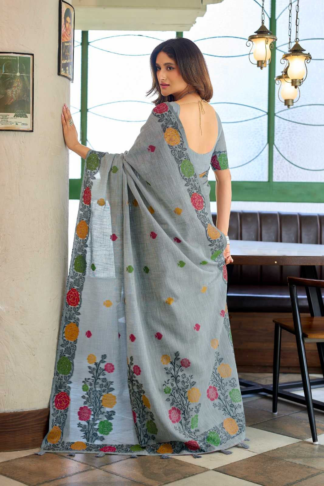 Heavy Linen Jacquard Handloom Saree with Fancy Tassels