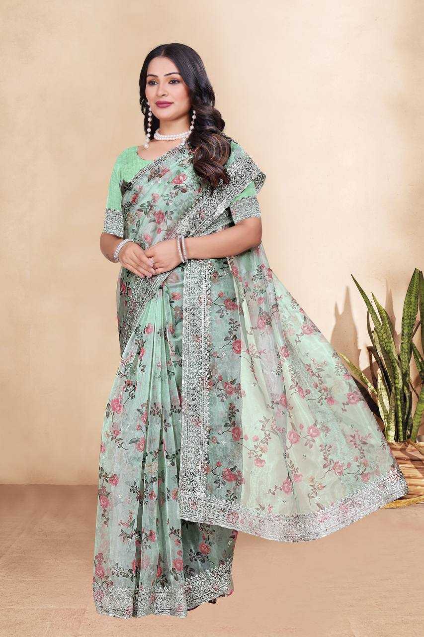Tissue Organza Saree with Digital Floral Print & Embroidery Work