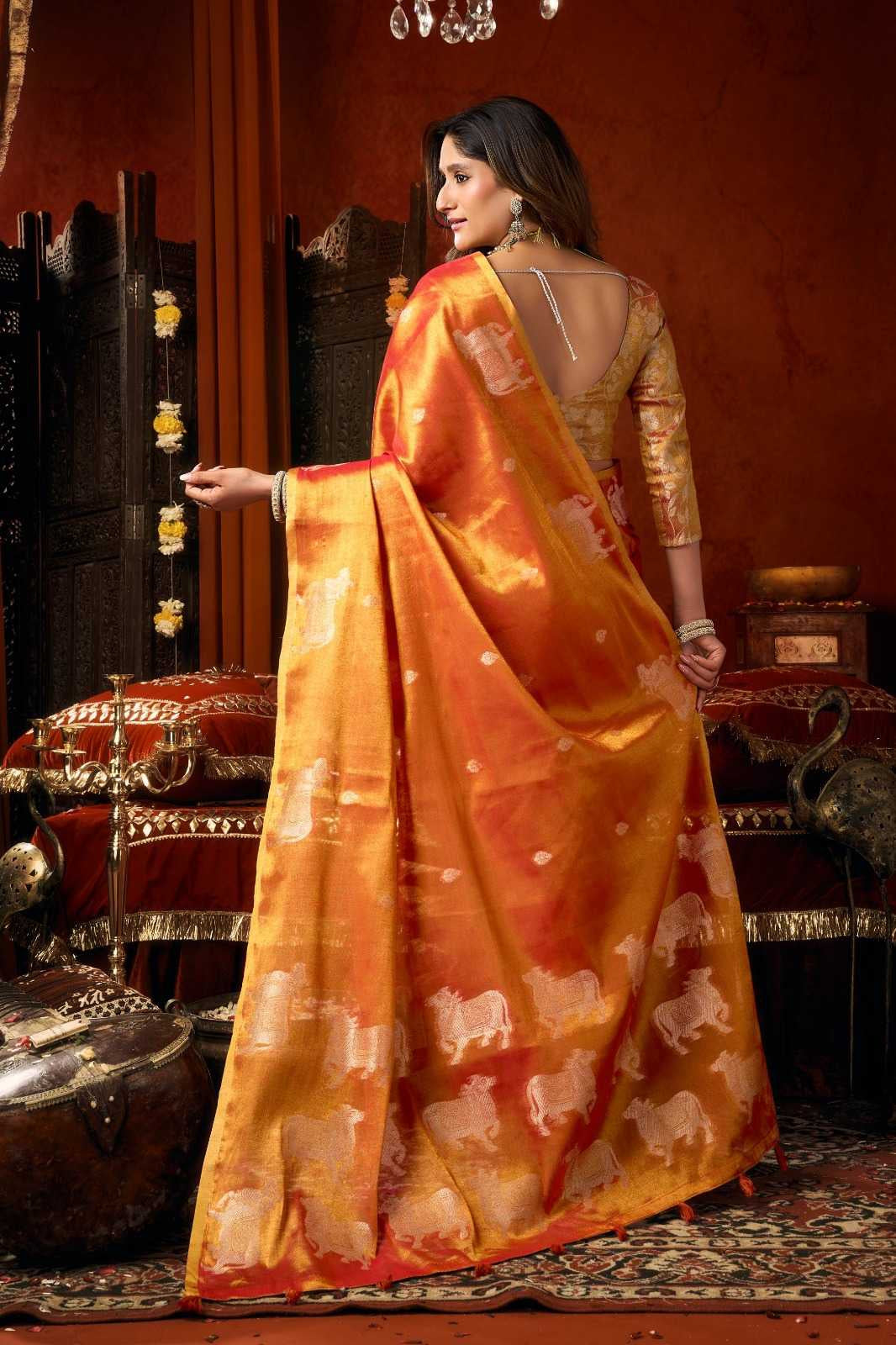 Heavy Tissue Saree with All-Over Cow Butta, Jacquard Weaving & Fancy Tassels