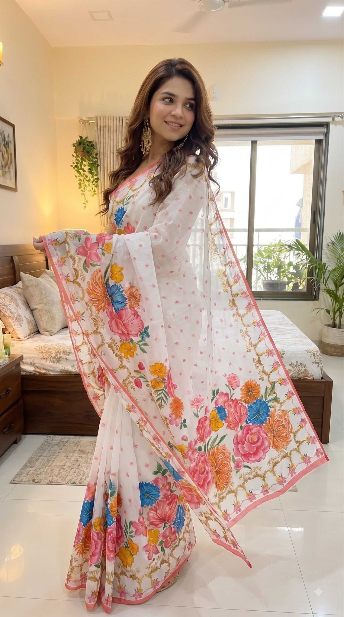 Pure Georgette Handwork Saree with Digital Print, Khatli Work & 3-Line Cutdana Border
