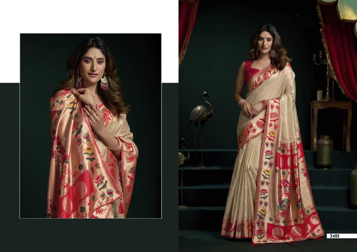 Heavy Tissue Paithani Saree with Lotus Zari Border & Stylish Pompom Detailing