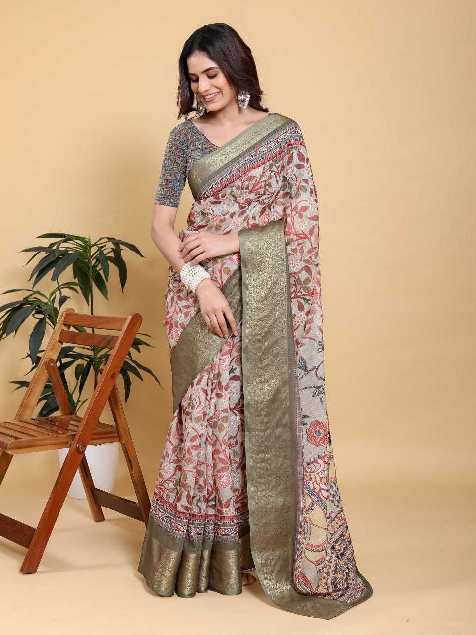 Jacquard Patta Linen Cotton Saree with Traditional Motifs & Elephant Design Pallu
