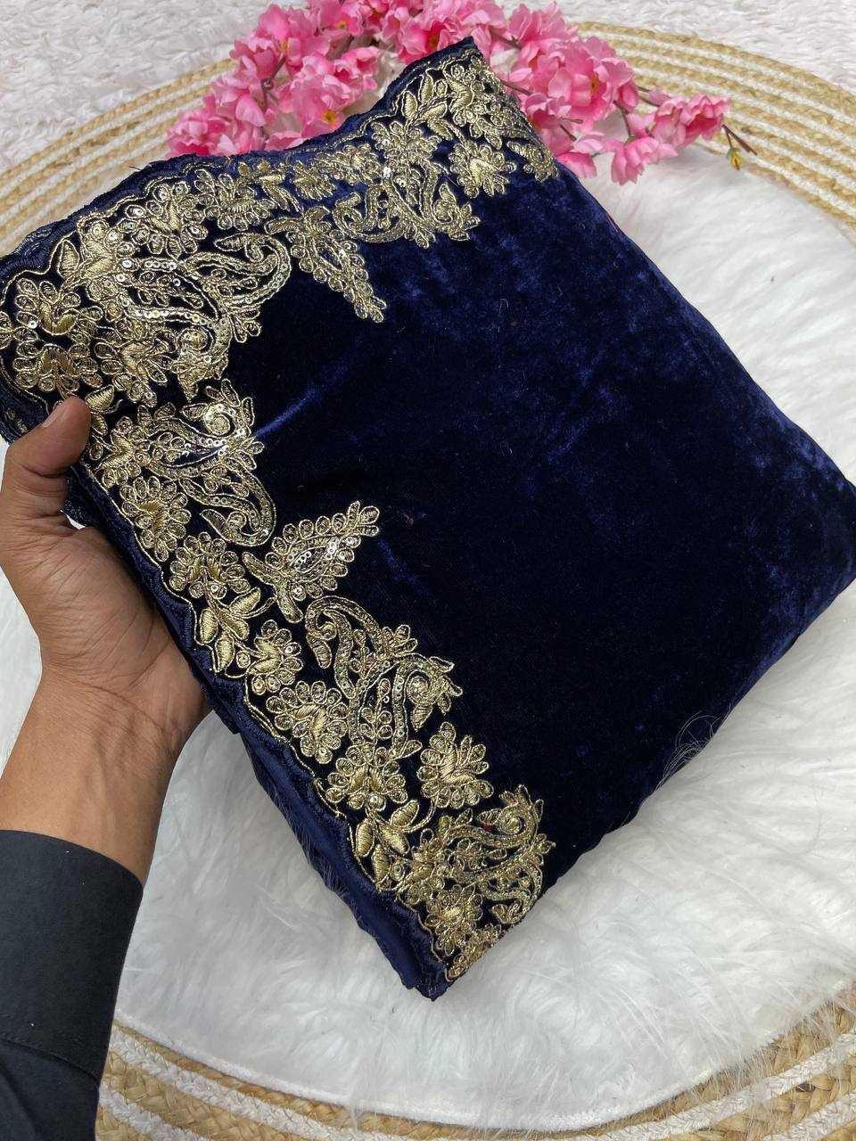 Designer 9000 Velvet Saree with Sequins, Embroidery Zari C-Pallu and Cutwork Border