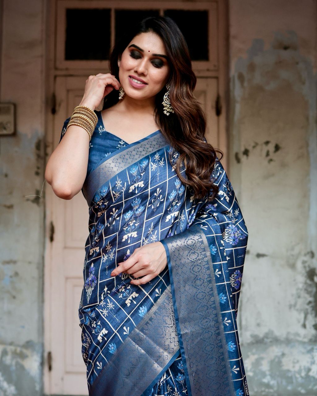 Navy Blue Color Pure Silk Digital Printed Party Wear Saree