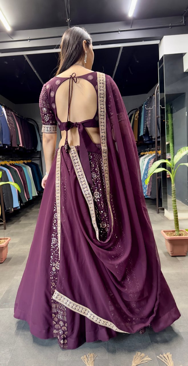 Eilara Women's Wine Georgette With Sequins And Embroidery Work Designer Lehenga Choli