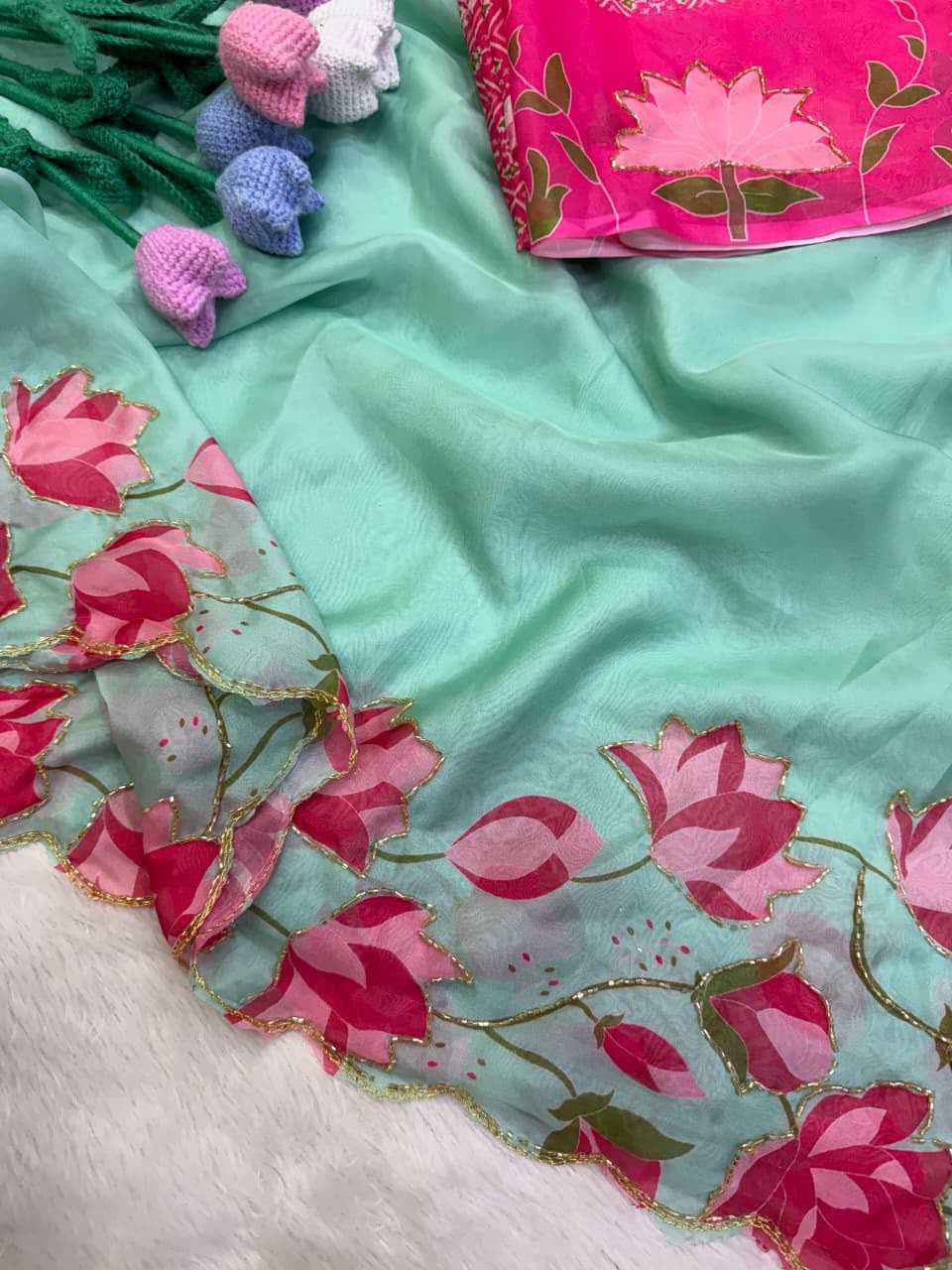 Premium Tabby Silk Saree with Floral Print, Beads & Katdana Handwork