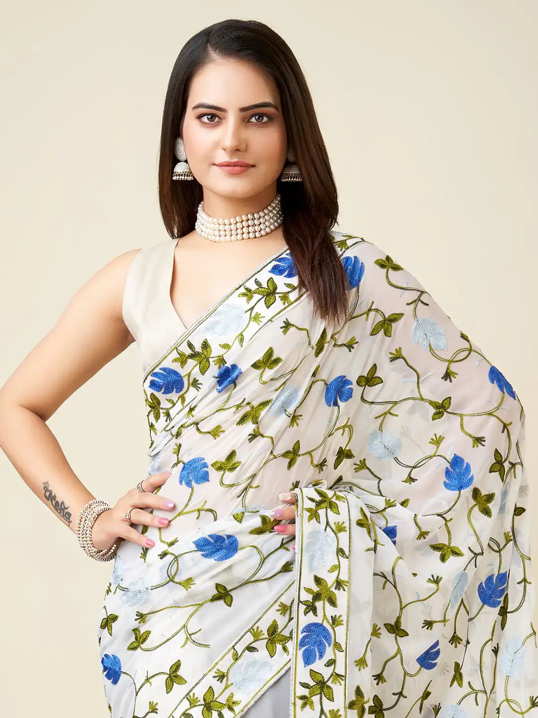 Premium Faux Georgette Saree with Kashmiri Work & Piping Border
