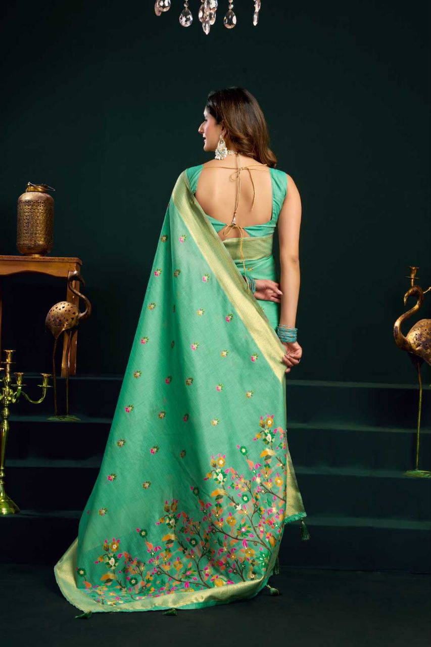 Heavy Munga Cotton Saree with Mina Work, Jari Border & Fancy Pompom Finish