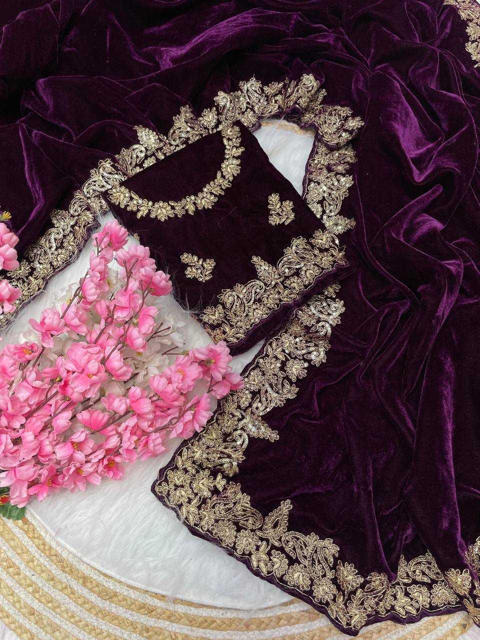 Designer 9000 Velvet Saree with Sequins, Embroidery Zari C-Pallu and Cutwork Border