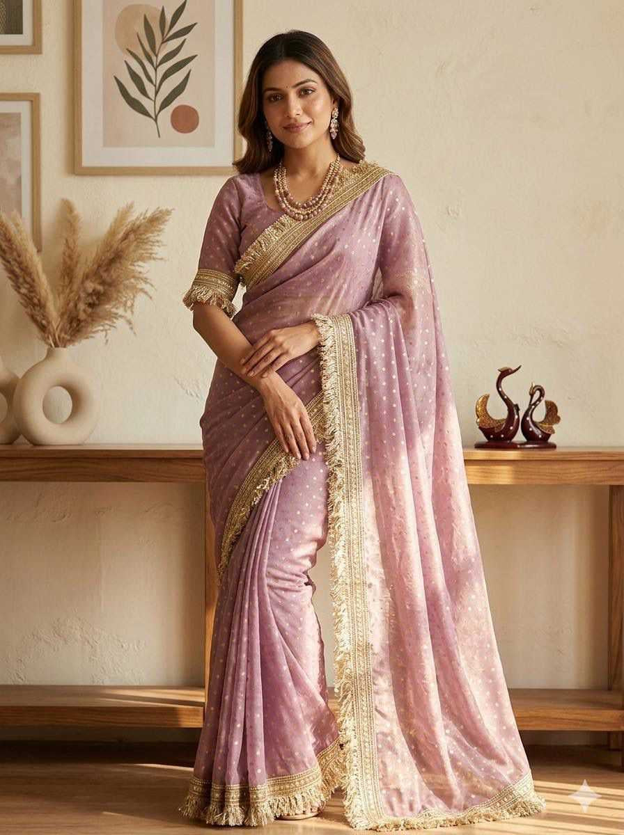 Premium Moss Silk Saree with Jacquard Butti Work & Fancy Lace Border