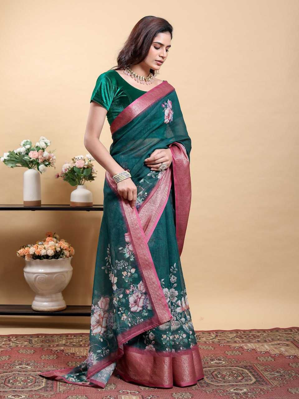 Jacquard Patta Linen Cotton Saree with Large Floral Digital Print & Contrast Zari Border