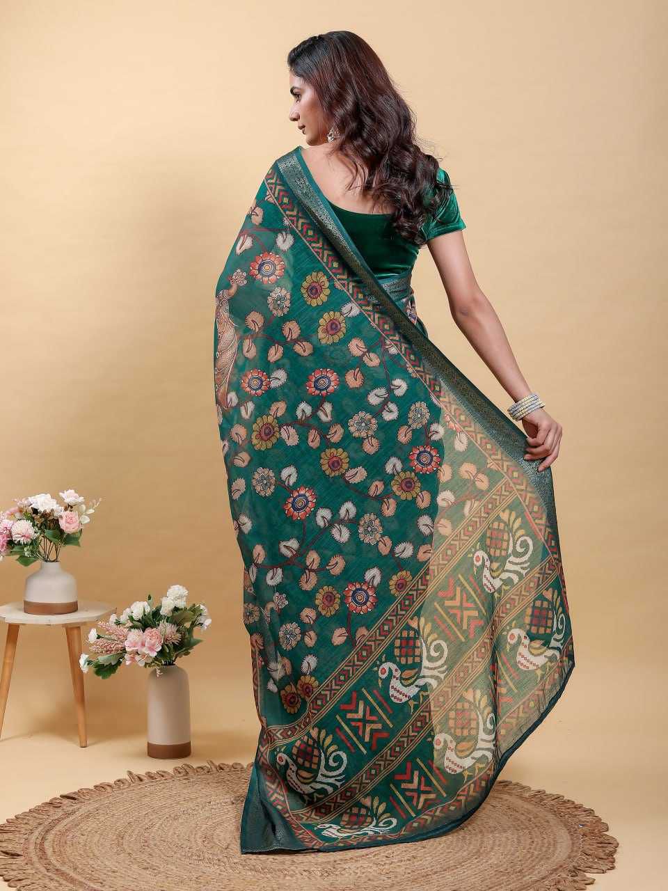 Jacquard Patta Linen Cotton Saree with Floral & Geometric Digital Print and Patola-Inspired Pallu