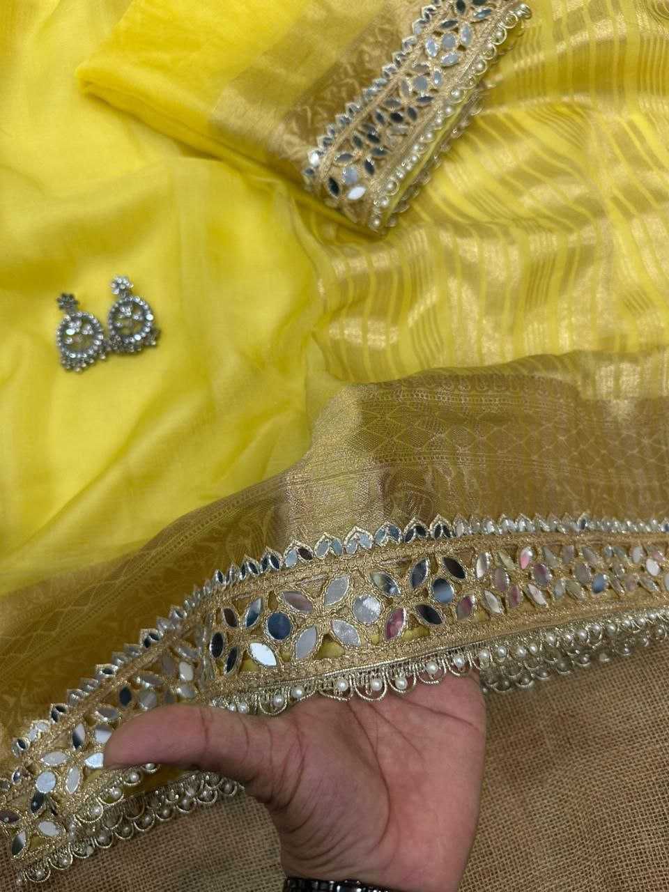 Rajkumari Mirror Soft Tussar Organza Saree with Woven Pallu and Mirror Lace Border