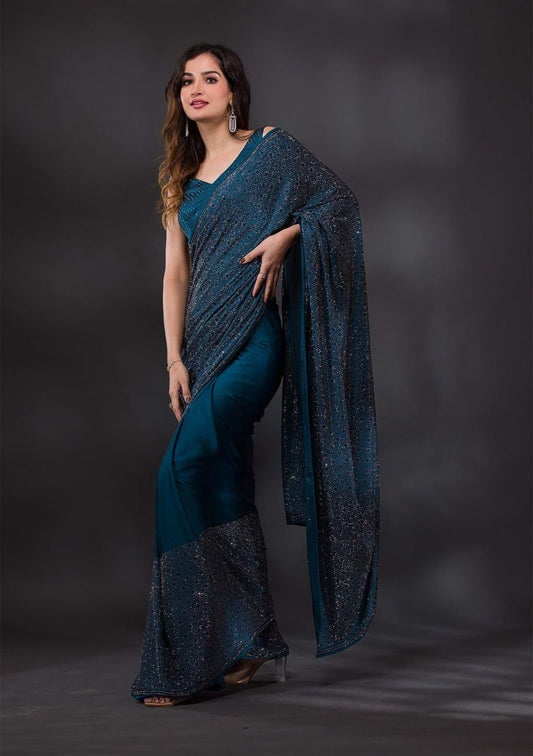 Peacock Blue Swarovski Semi Crepe Designer Saree
