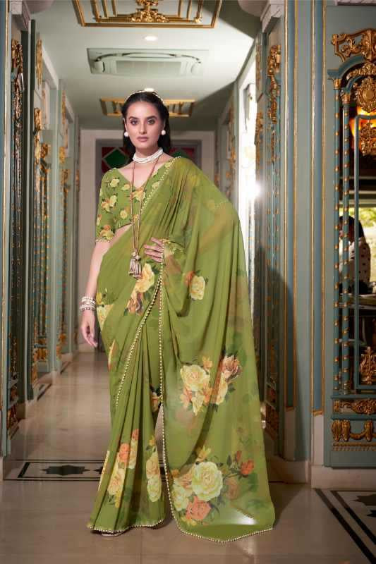 Georgette Printed Saree with Pearl Lace Border & Matching Blouse