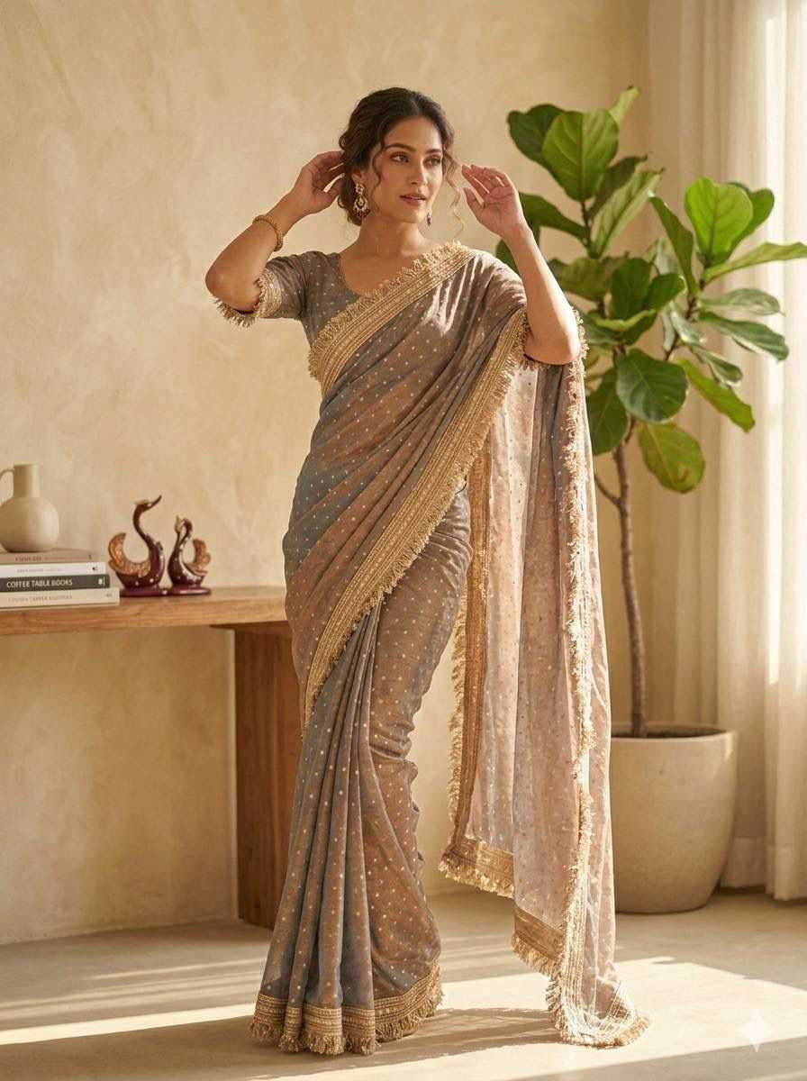 Premium Moss Silk Saree with Jacquard Butti Work & Fancy Lace Border