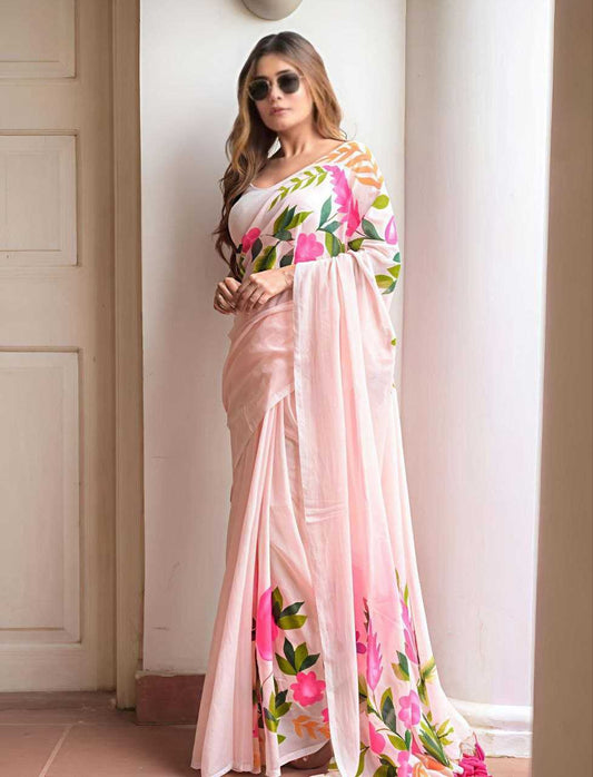 Hand Painted Flamingo Mulmul Cotton Saree