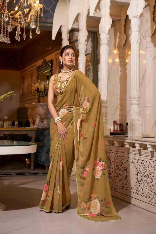 Georgette Printed Saree with Pearl Lace Border & Matching Blouse