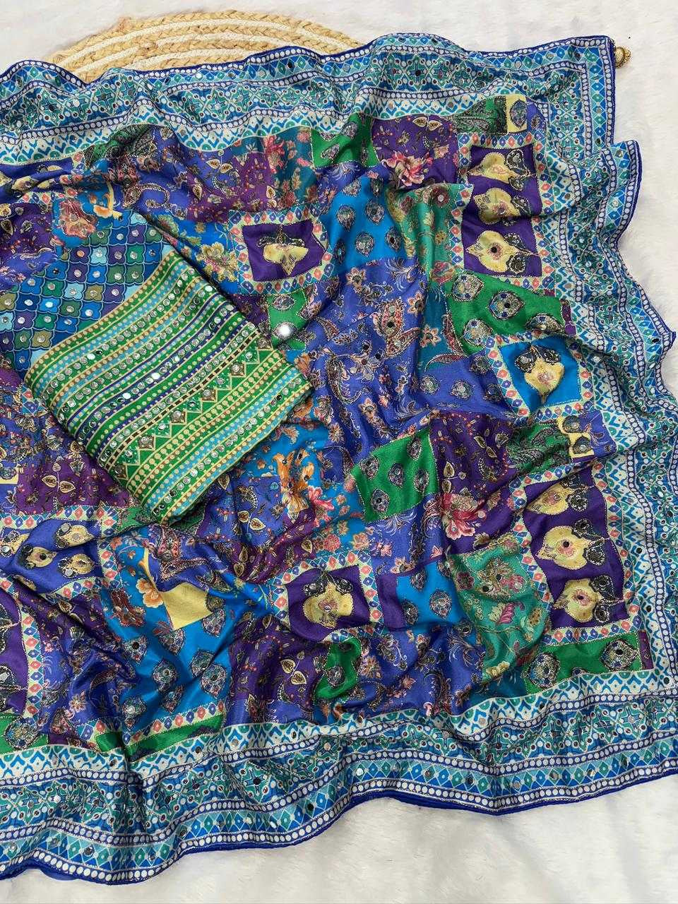 Premium Chinnon Saree with Gold Zari & Handcrafted Mirror Work