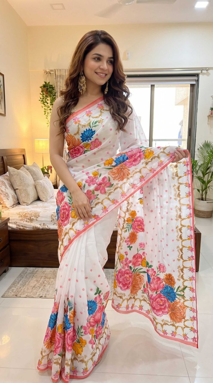 Pure Georgette Handwork Saree with Digital Print, Khatli Work & 3-Line Cutdana Border