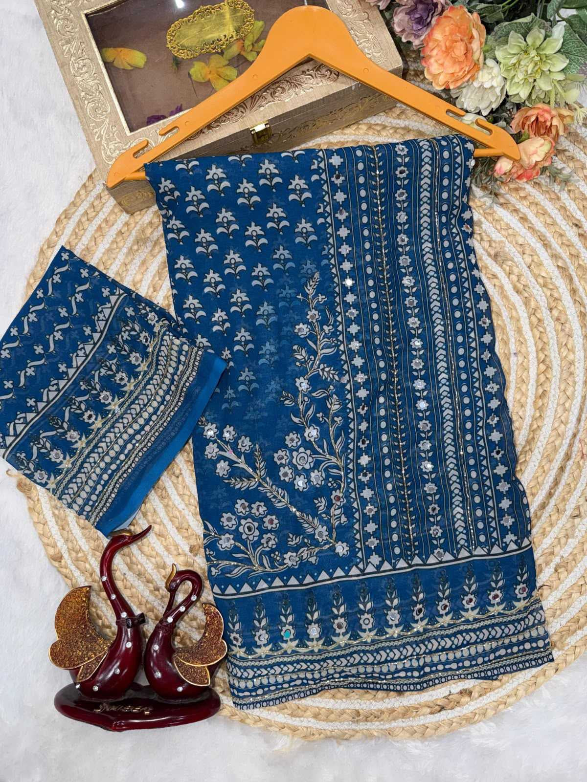 Premium Heavy Soft Georgette Saree with Digital Print, Katdana & Real Mirror Work