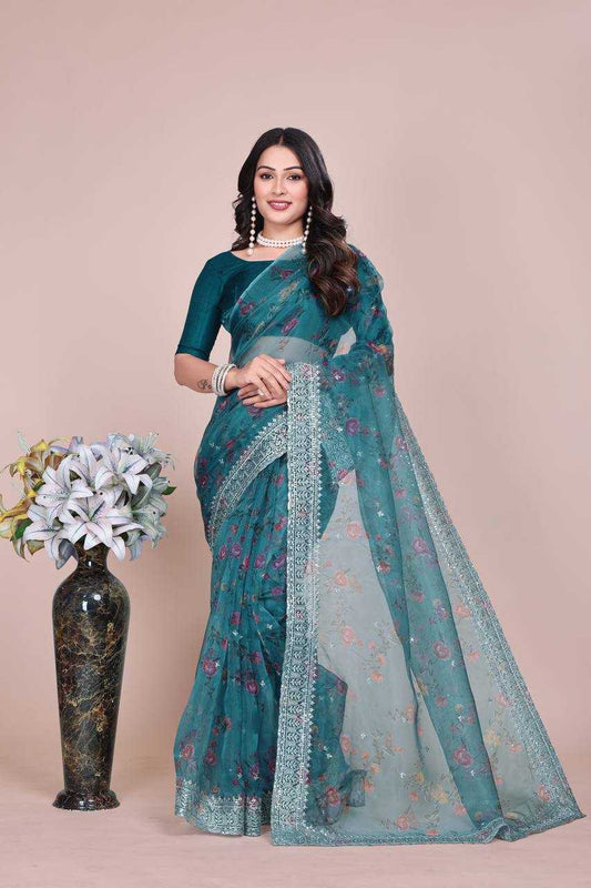Tissue Organza Saree with Digital Floral Print & Embroidery Work