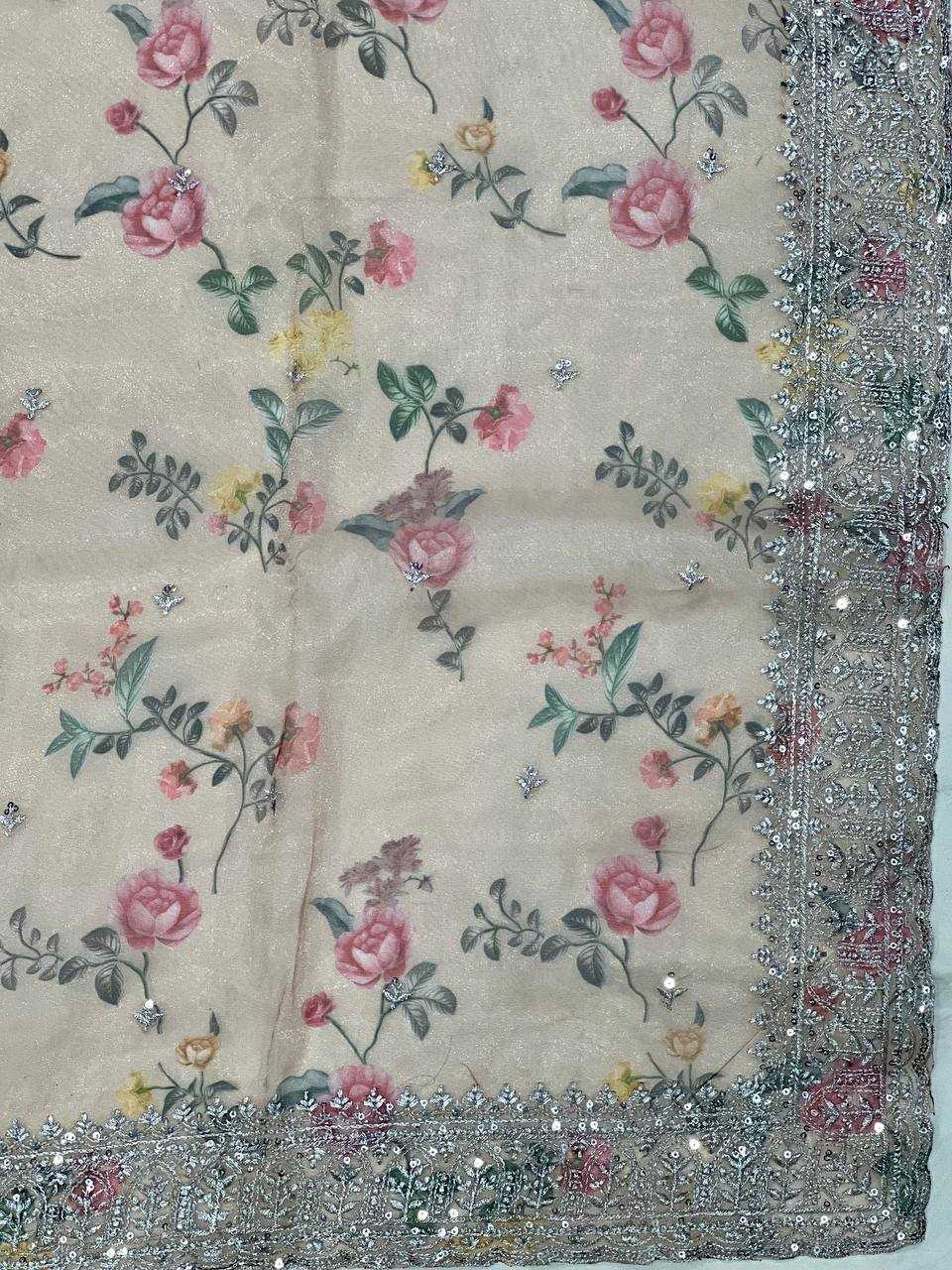 Tissue Organza Saree with Digital Floral Print & Embroidery Work