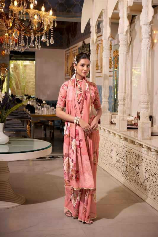 Georgette Printed Saree with Pearl Lace Border & Matching Blouse