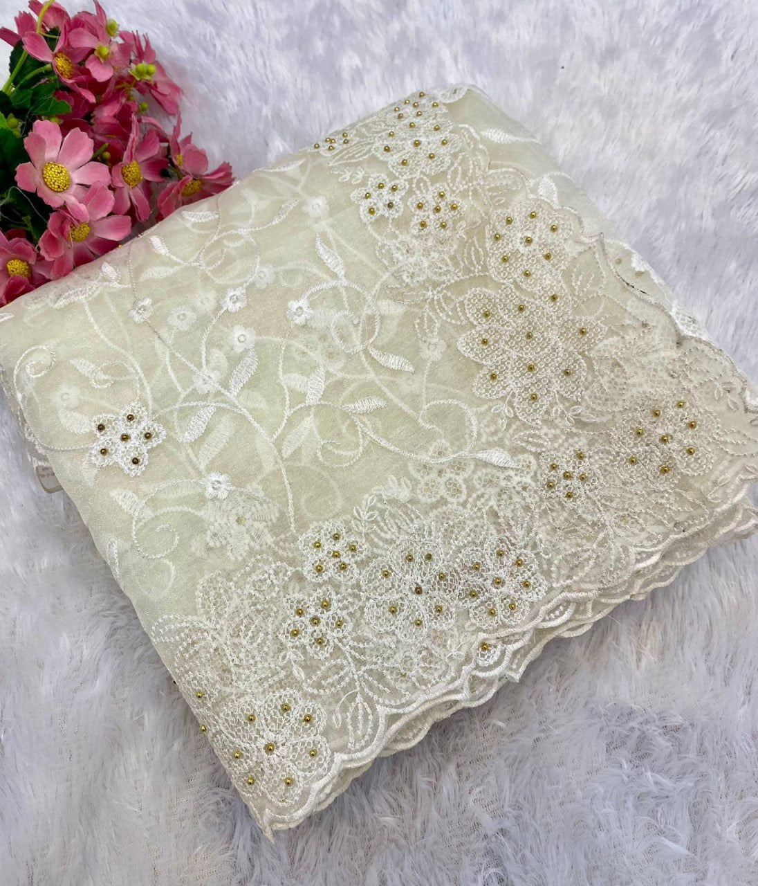 Pure soft Off-white silk organza saree