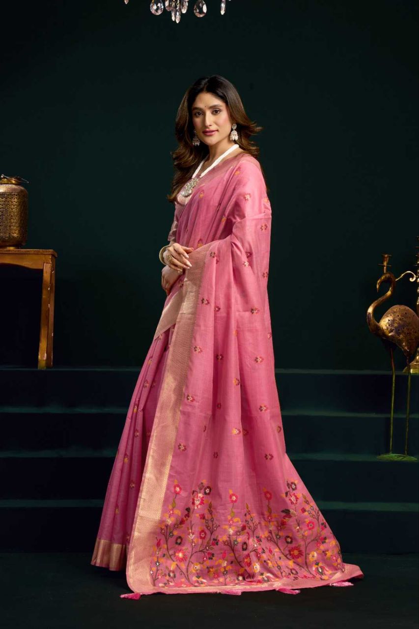 Heavy Munga Cotton Saree with Mina Work, Jari Border & Fancy Pompom Finish