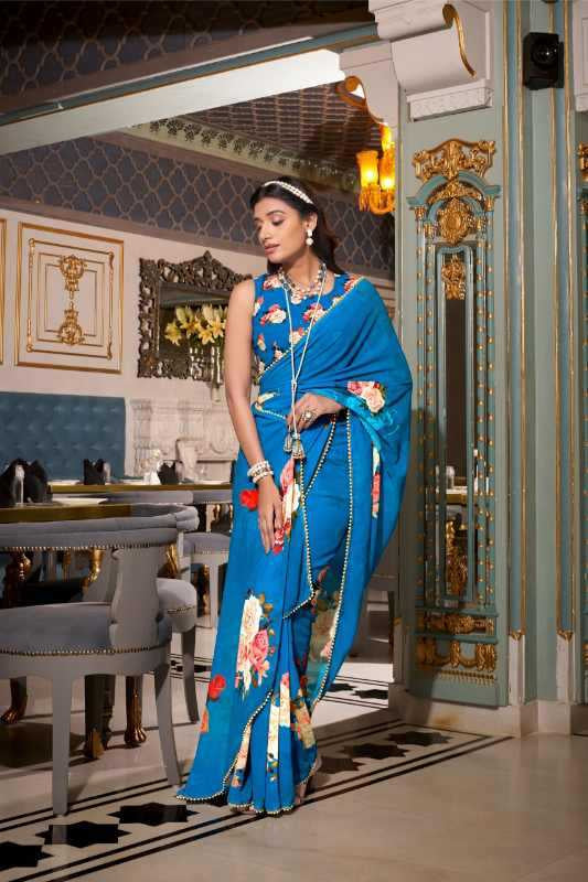 Georgette Printed Saree with Pearl Lace Border & Matching Blouse
