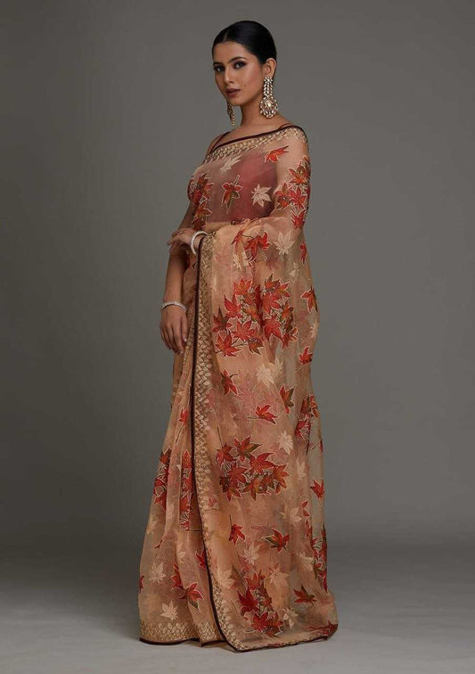 Soft Bright Organza Saree with Floral Print & Swarovski Work