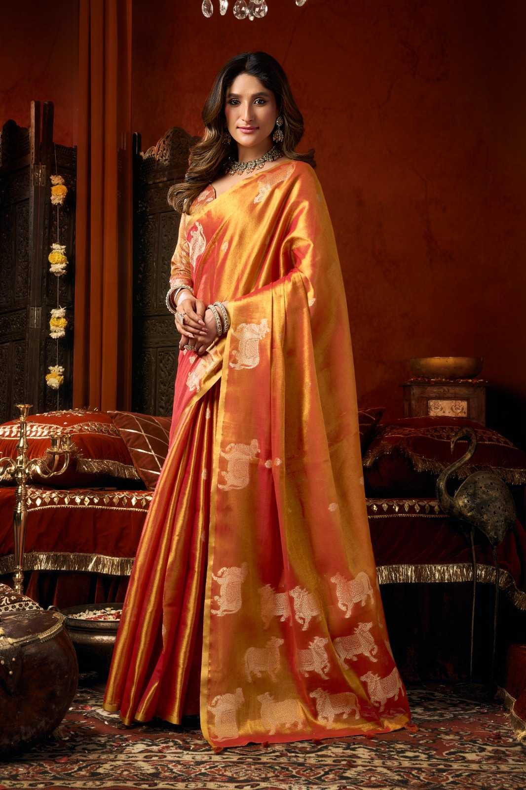 Heavy Tissue Saree with All-Over Cow Butta, Jacquard Weaving & Fancy Tassels