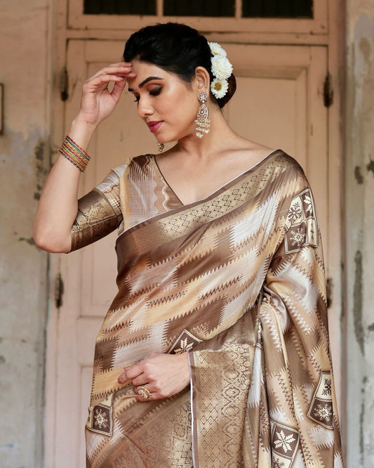 Coffee Digital Print Dolla Silk Party Wear Ethnic Saree With Blouse