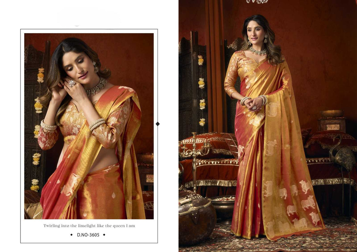 Heavy Tissue Saree with All-Over Cow Butta, Jacquard Weaving & Fancy Tassels