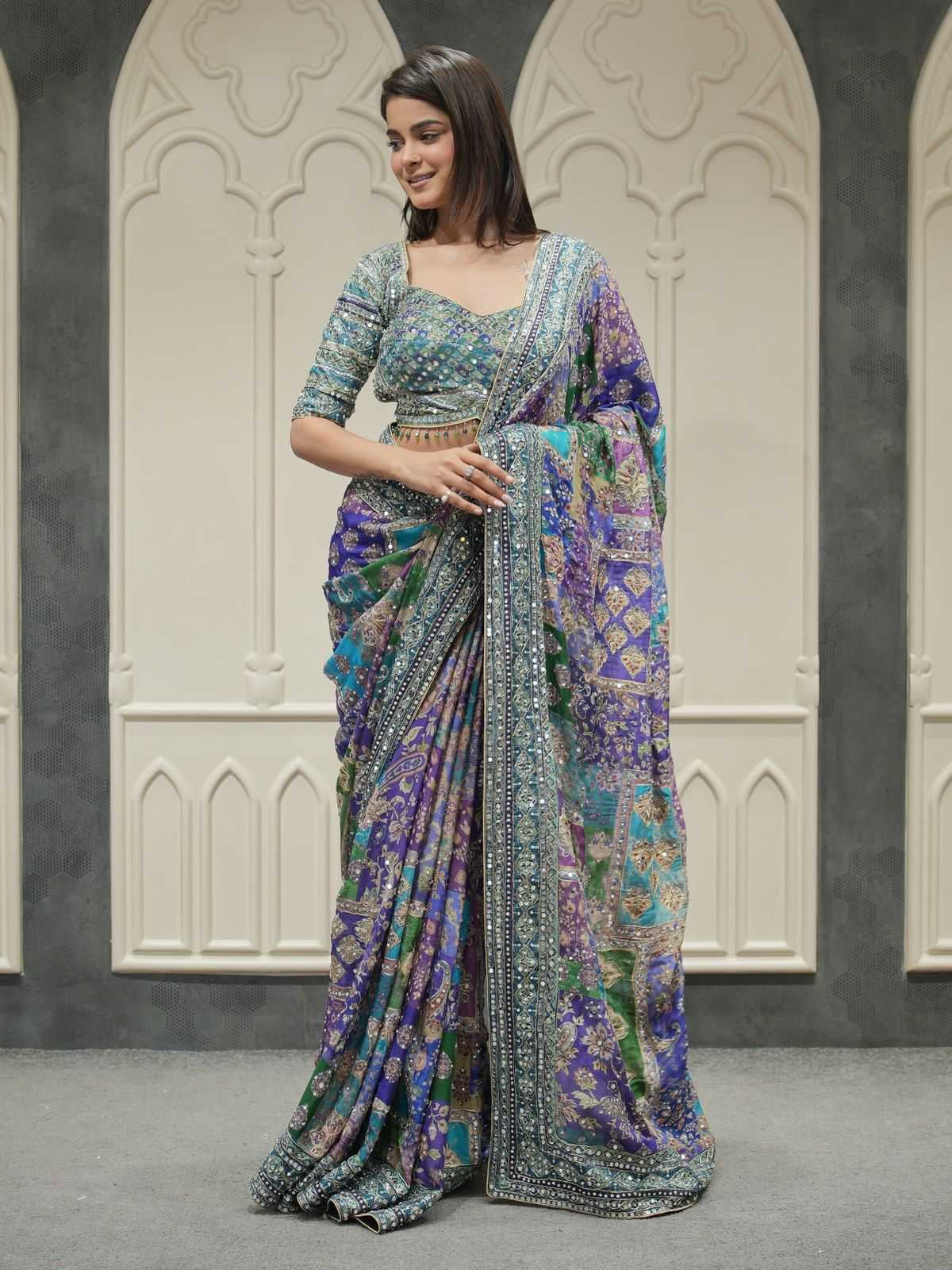 Premium Chinnon Saree with Gold Zari & Handcrafted Mirror Work