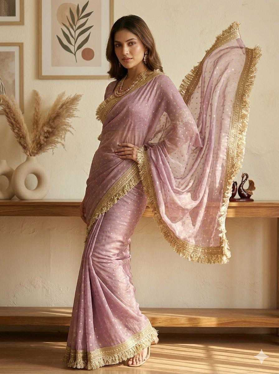 Premium Moss Silk Saree with Jacquard Butti Work & Fancy Lace Border