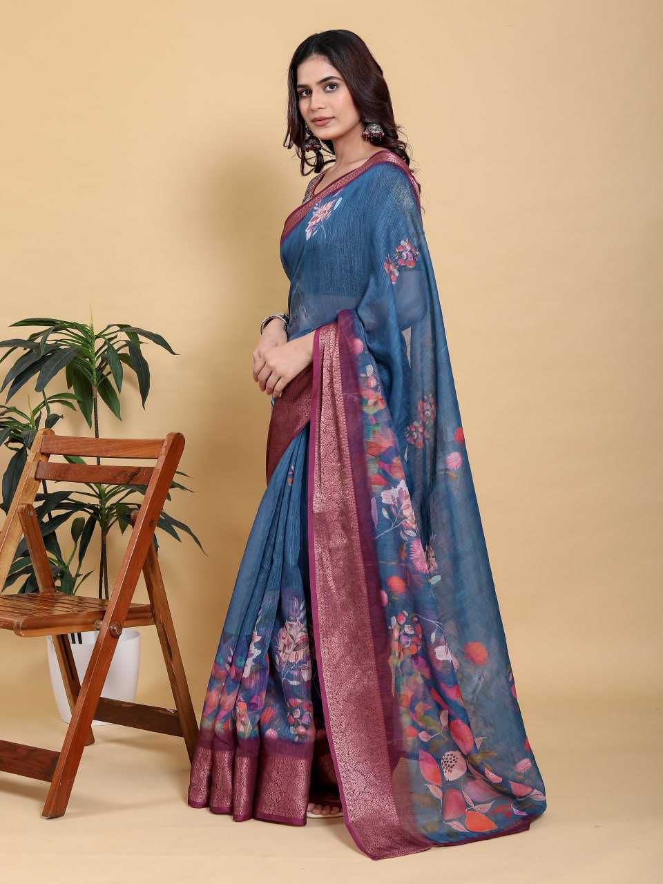 Jacquard Patta Linen Cotton Saree with Digital Floral Print & Maroon Zari Border
